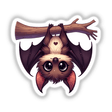 Cute bat digital artwork with large eyes and wings hanging on a tree branch