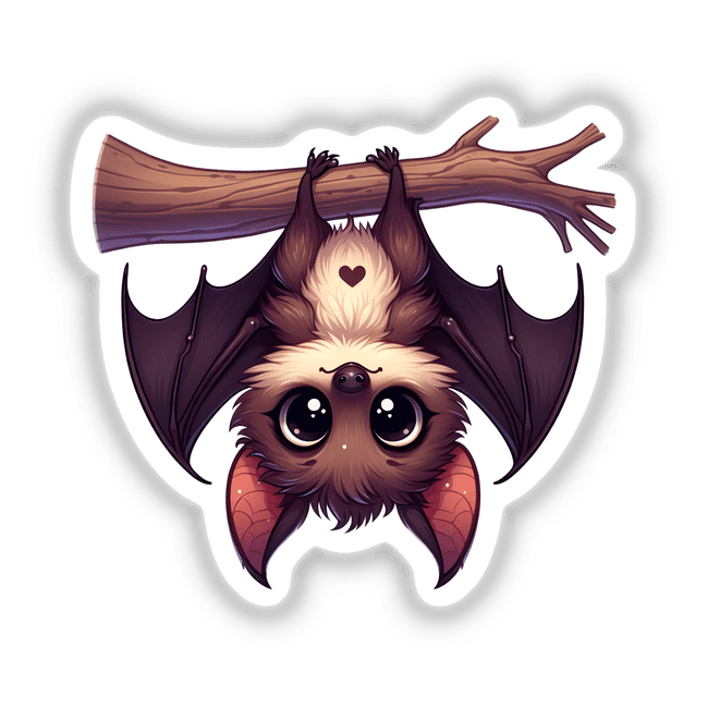 Cute bat digital artwork with large eyes and wings hanging on a tree branch