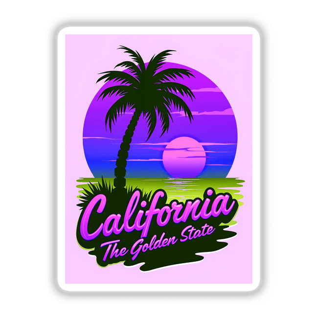 California The Golden State poster featuring silhouetted palm trees against a sunset, available as stickers or digital artwork, embodying Decal Venue's unique design aesthetic.