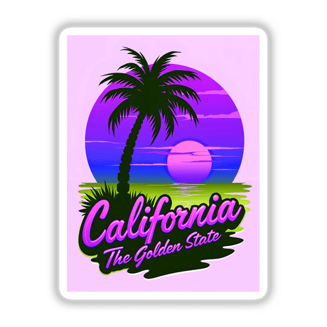 California The Golden State poster featuring silhouetted palm trees against a sunset, available as stickers or digital artwork, embodying Decal Venue's unique design aesthetic.