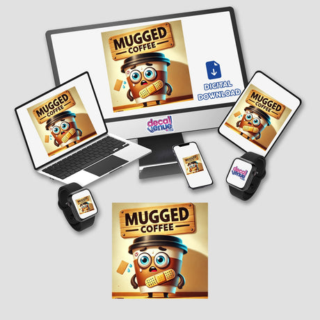 Mugged Coffee-themed cartoon character displayed on a computer monitor and laptop, featured as stickers or digital artwork, embodying Decal Venue's unique offerings.