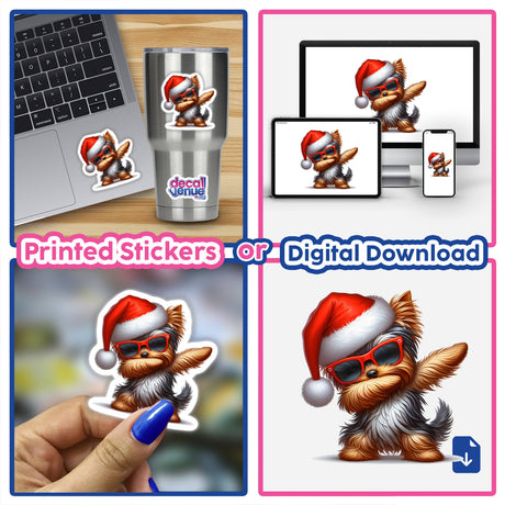 Dabbing Christmas Santa Yorkie Dog II: A collage featuring a Yorkie dog wearing sunglasses and a Santa hat, available as stickers or digital artwork.