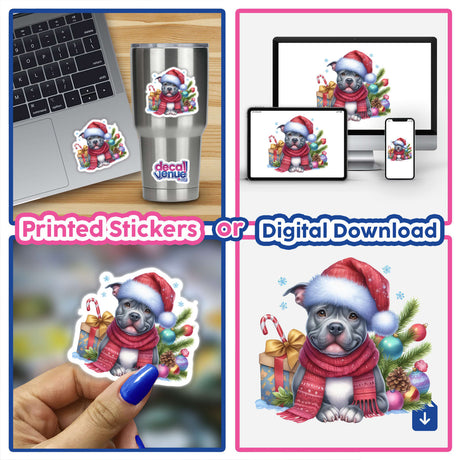 Christmas Pitbull Dog in Santa Hat III sticker collage featuring a dog in festive attire, laptop adorned with themed sticker, and a hand holding a matching sticker.