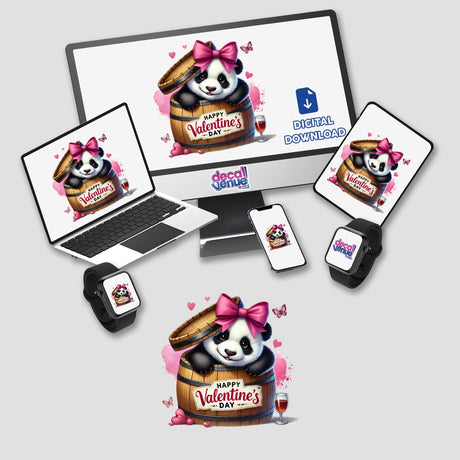 Coquette Valentine Panda Bear peeks from a barrel, displayed on a computer monitor and laptop. This design is available as stickers or digital artwork from Decal Venue.