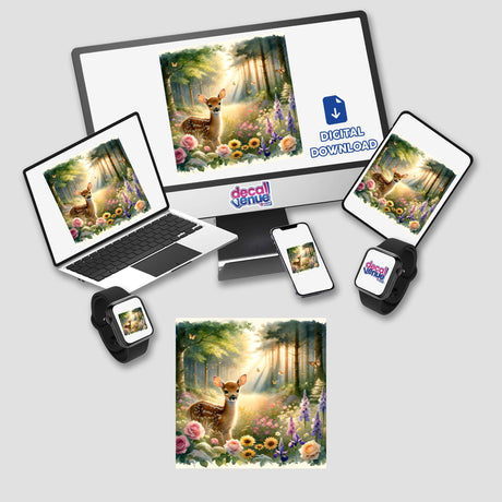 Deer Fawn in a Forest Clearing Watercolor Illustration displayed on a laptop and smartwatch, depicting a serene scene with deer and flowers, available as stickers or digital artwork.