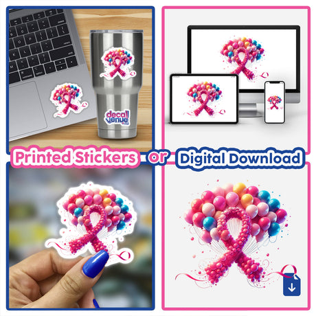 Collage featuring Balloons Pink Ribbon Breast Cancer design, showcasing pink ribbons and balloons on screens, cups, and hands, available as stickers or digital artwork.