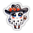 Cartoon of a ghost with a cowboy hat, holding a coffee cup, surrounded by flowers, available as stickers or digital artwork.