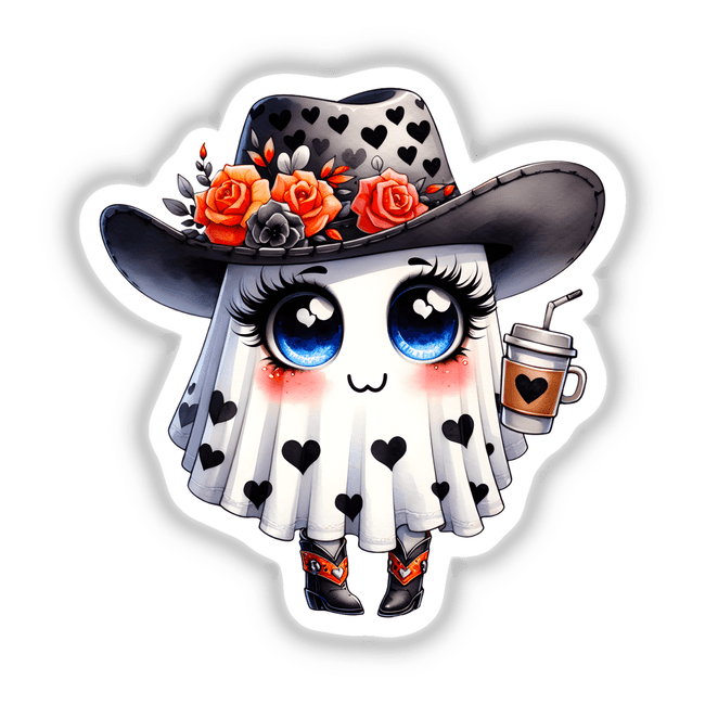 Cartoon of a ghost with a cowboy hat, holding a coffee cup, surrounded by flowers, available as stickers or digital artwork.