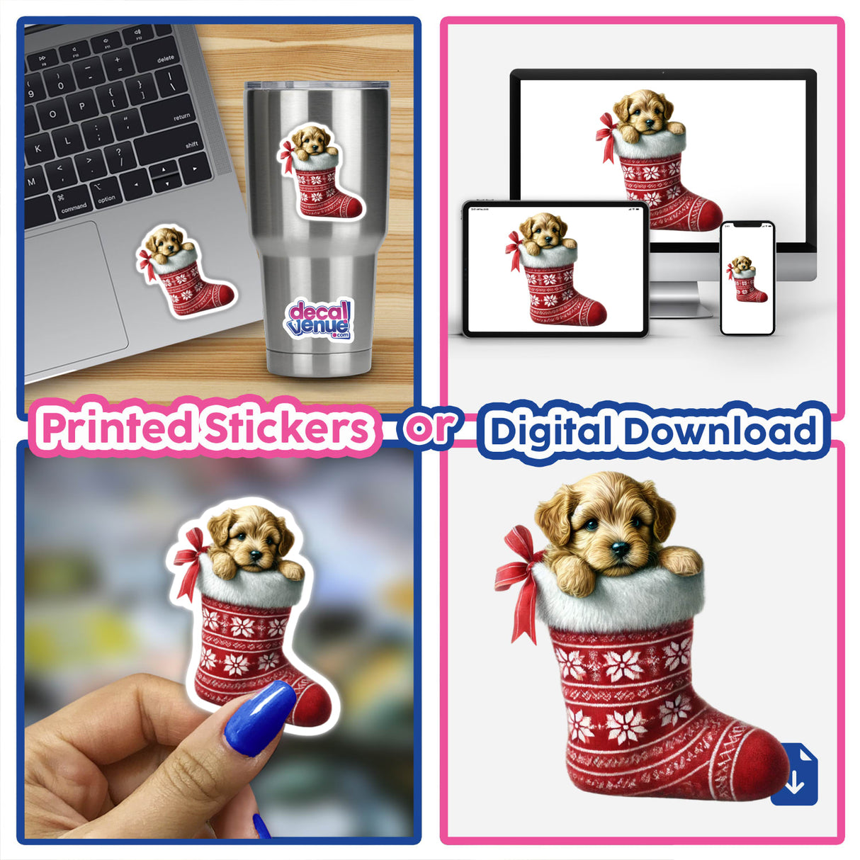 Collage featuring a puppy peeking out of a Christmas stocking, highlighting the available stickers and digital artwork from Decal Venue.