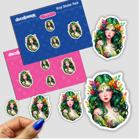 Mystical Leafy Goddess Sticker featuring an elegant forest goddess with green hair and floral accents, perfect for unique decal collections or digital artwork.