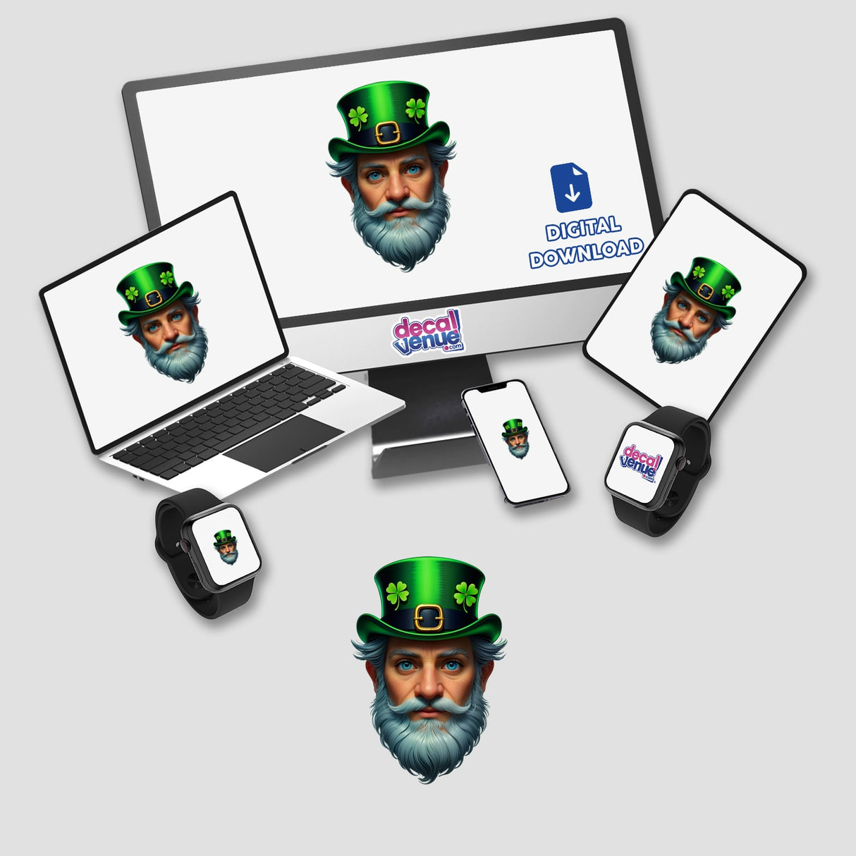 St. Patrick's Day Leprechaun themed artwork featuring a laptop and computer monitor with cartoonish leprechaun hats and beards, available as stickers or digital artwork from Decal Venue.