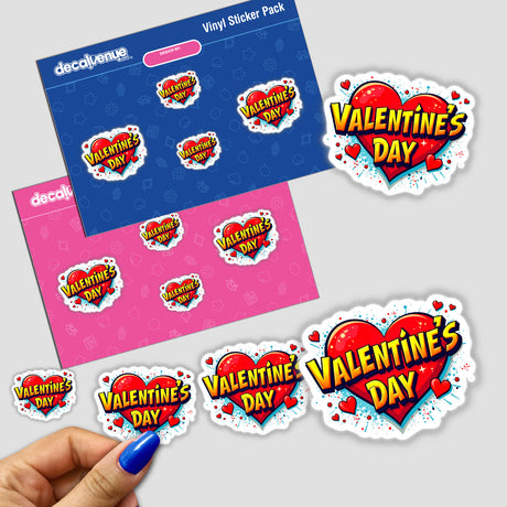 Valentine's Day Love Heart sticker pack featuring heart-shaped designs with text, held by a person's hand. Available as stickers or digital artwork from Decal Venue.