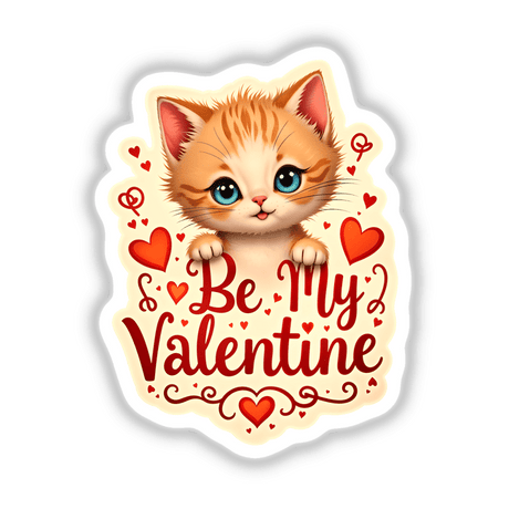 Be My Valentine Valentine's Day Kitten design featuring a cartoon cat surrounded by hearts, available as stickers or digital artwork from Decal Venue.