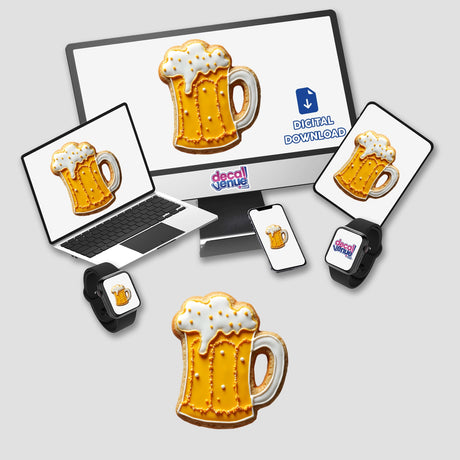 Beer Mug Shaped Cookie with White Foam and Golden Icing displayed on a laptop screen, available as stickers or digital artwork from Decal Venue.