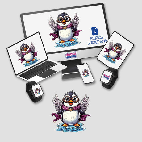 Superhero Penguin with Goggles and Wings on an Iceberg, depicted on screens and devices, highlighting its availability as stickers or digital artwork from Decal Venue.