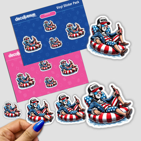 George Washington American Flag Float Merica sticker, featuring a cartoon of George Washington relaxing on an inflatable tube with an American flag background, held in a hand with blue nail polish.