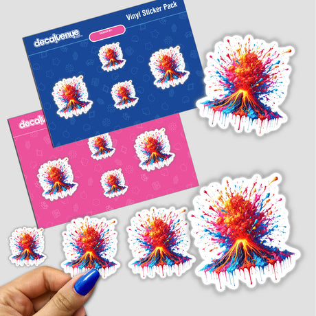 Sticker pack titled Psychedelic Erupting Volcano - Vibrant Colorful Explosion, featuring a hand holding a volcano-themed sticker, showcasing dynamic, colorful designs available as stickers or digital artwork.