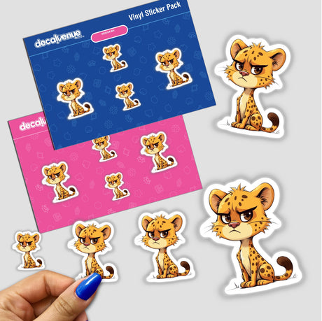 Cute Grumpy Cartoon Leopard Sitting sticker pack, featuring playful cartoon leopards, perfect for decorating or collecting. Available as both stickers and digital artwork from Decal Venue's unique collection.