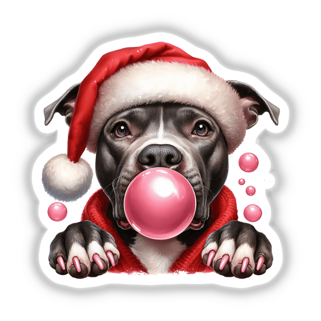 Pitbull Santa Dog Blowing Bubble: A playful image of a dog wearing a Santa hat and blowing bubble gum, available as stickers or digital artwork.