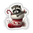 Raccoon Inside Christmas Stocking Holding a Candy Cane, available as stickers or digital artwork, featuring a cute raccoon peeking from a festive stocking, perfect for holiday decoration.