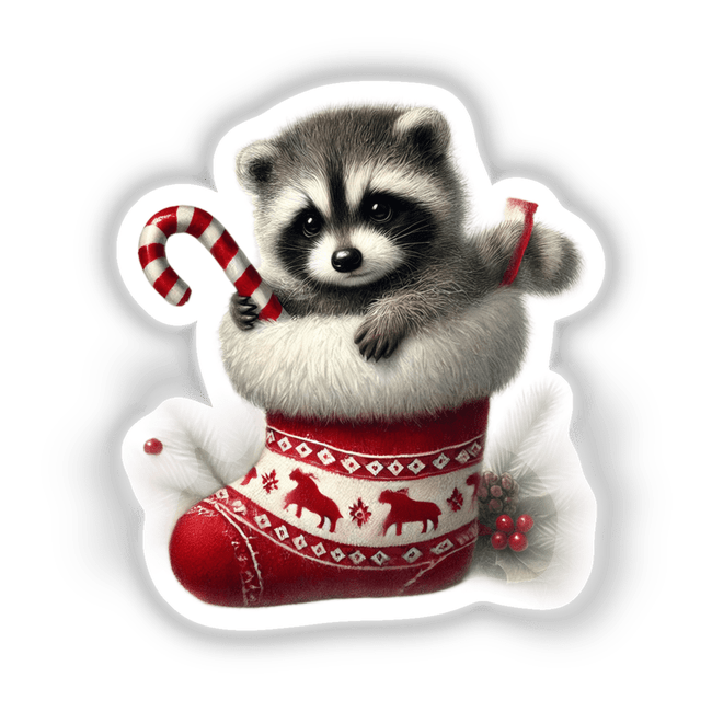 Raccoon Inside Christmas Stocking Holding a Candy Cane, available as stickers or digital artwork, featuring a cute raccoon peeking from a festive stocking, perfect for holiday decoration.