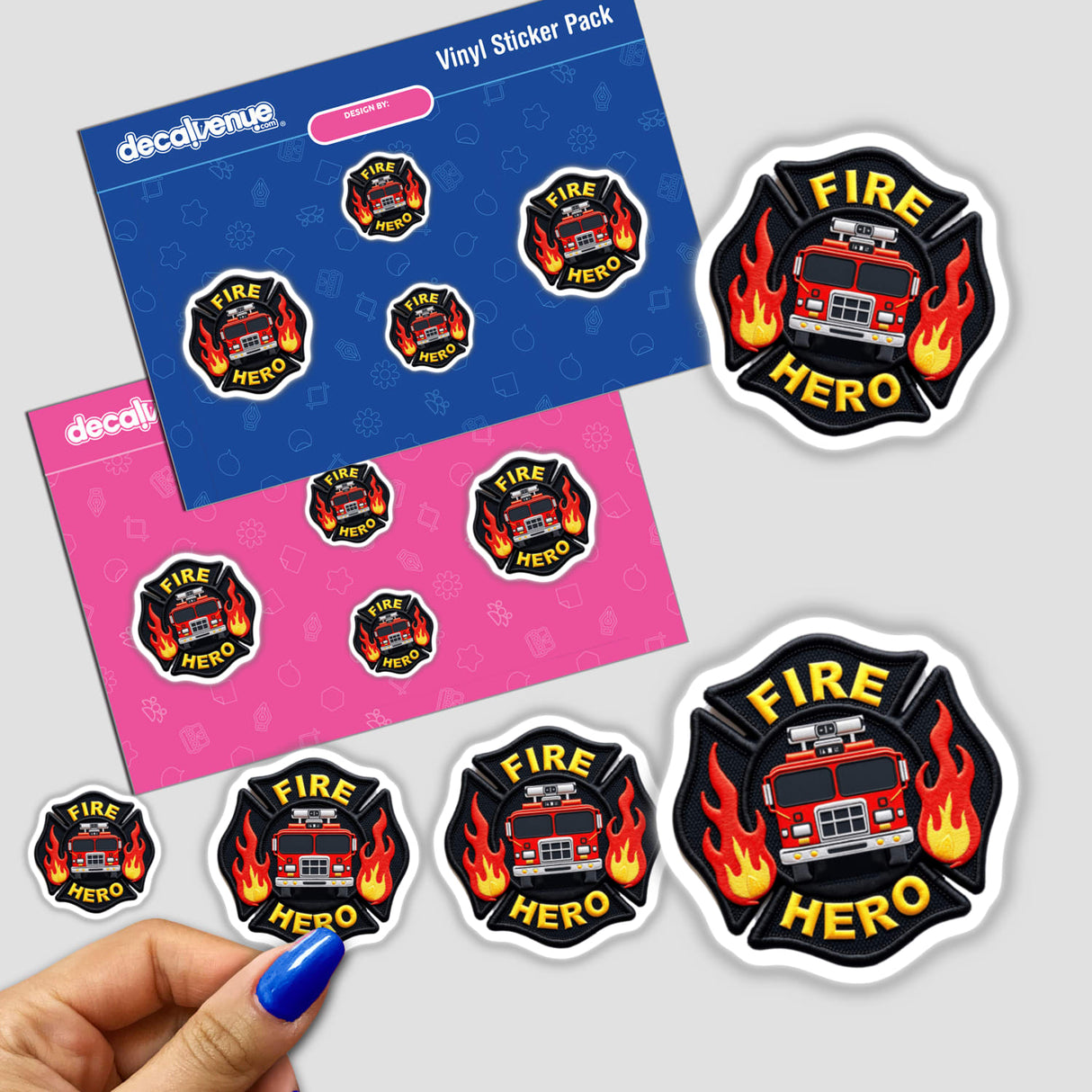 Stickers featuring fire trucks, flames, and firefighter emblems, titled 0008 - FIRE HERO, showcasing detailed designs for enthusiasts, available as stickers or digital artwork.