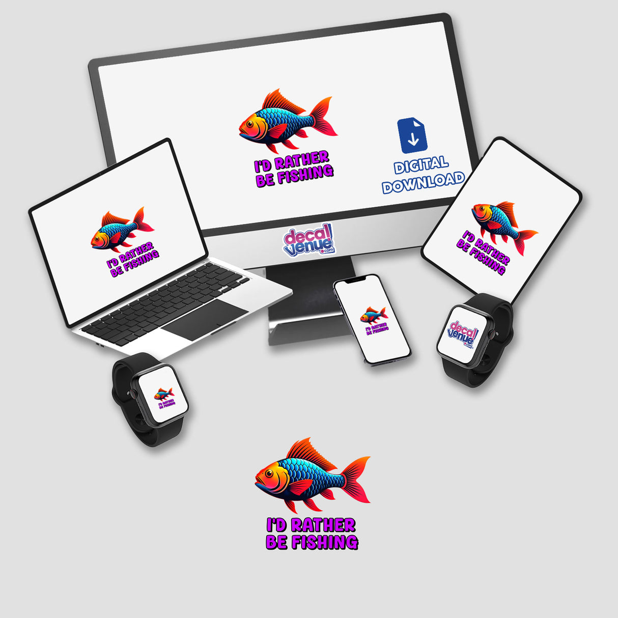 I'd Rather Be Fishing digital artwork displayed on a laptop screen, featuring a vibrant fish logo, available as stickers or digital art from Decal Venue.