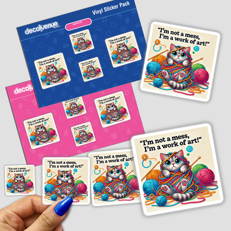 Funny Cat - I’m not a mess, I’m a work of art sticker pack featuring playful illustrations of cats tangled in yarn, available as stickers or digital artwork.