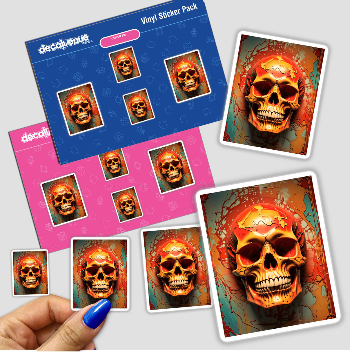 Abstract 3D Skull Art stickers featuring intricate skull designs, ideal for unique vinyl decor or digital artwork, showcased in a close-up with a blue nail-polished finger for scale.