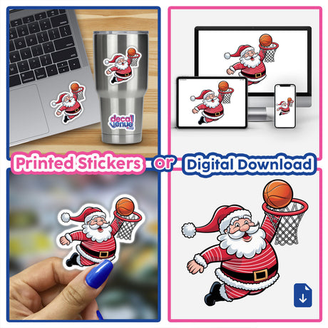 Santa Claus Basketball Hoops sticker collage, featuring cartoon images of Santa dunking a basketball. Available as stickers or digital artwork, reflecting Decal Venue's unique style.