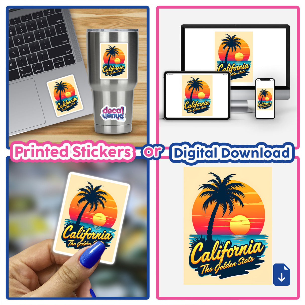 Collage featuring the California The Golden State sticker on a laptop, showcasing palm trees and a sunset, available as a unique decal or digital artwork from Decal Venue.