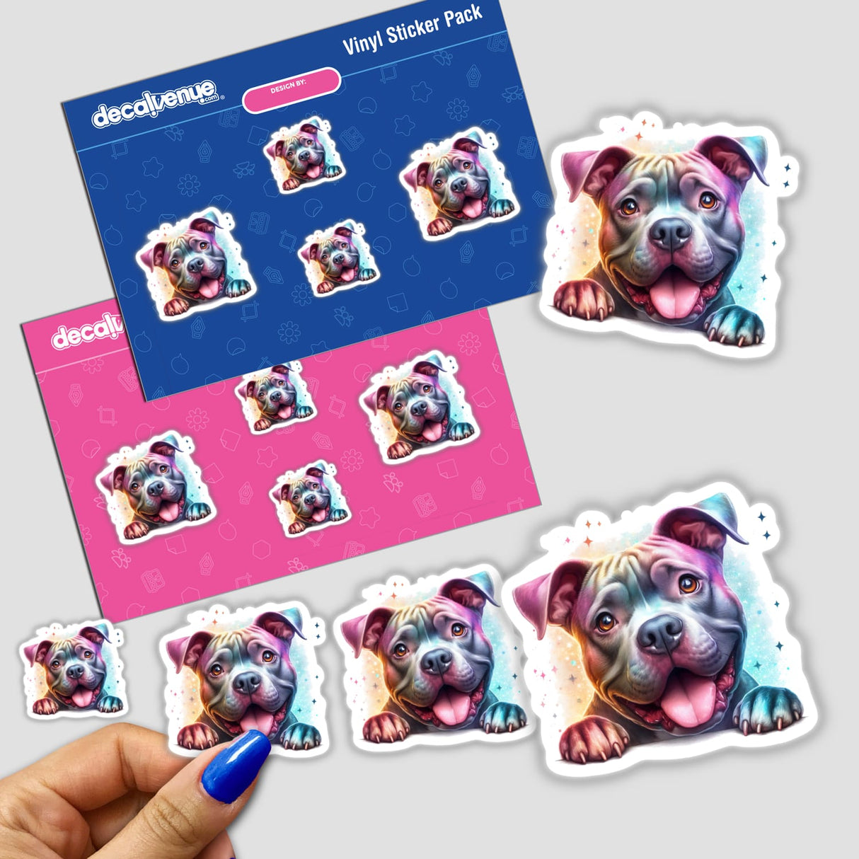 Playful Pitbull Vinyl Stickers - Colorful digital art of a smiling pitbull dog featured on a variety of stickers and packaging