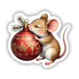 Mouse Sleeping on Christmas Ornament: A cute cartoon mouse gently hugs a Christmas ornament, available as unique stickers or digital artwork, perfect for festive decoration from Decal Venue.