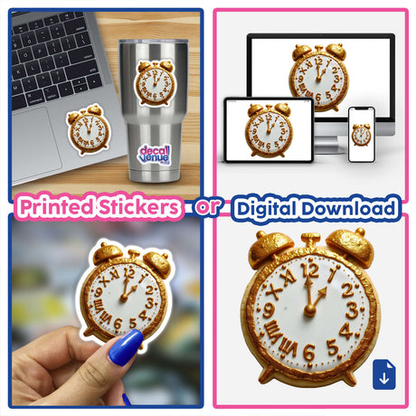 Collage featuring an Alarm Clock Shaped Cookie with Gold Hands, displayed alongside laptops and other clock images, available as stickers or digital artwork from Decal Venue.