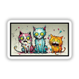 3 Psycho Cats sticker features a playful cartoon illustration of three cats with splattered paint, each with distinct facial expressions, capturing the quirky and artistic style of Decal Venue.