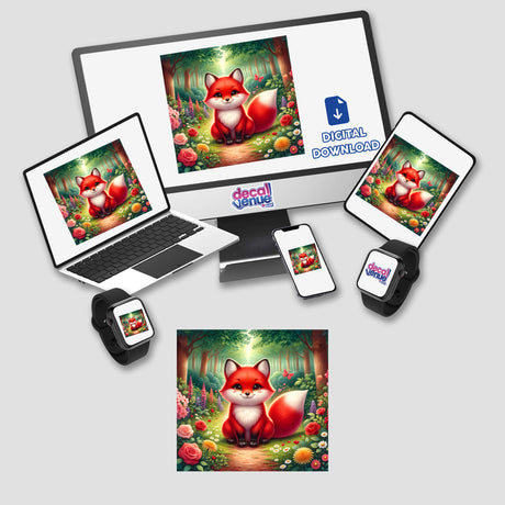 Fox on a Woodland Path Watercolor Illustration displayed across a laptop, tablet, and phone, showcasing vibrant digital artwork available as stickers or digital downloads from Decal Venue.