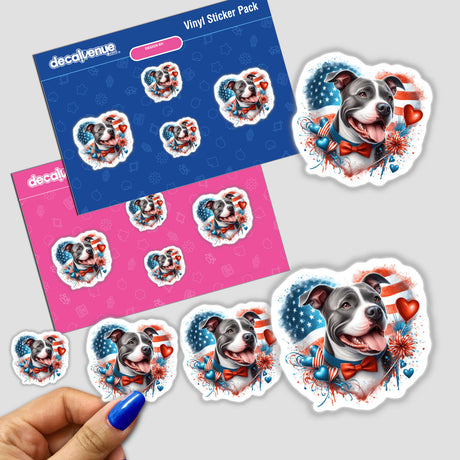 Heart Shaped American Flag Pitbull Dog - Artistic digital artwork stickers featuring a smiling Pitbull dog with patriotic American flag accents, available as a Vinyl Sticker Pack from Decal Venue.