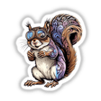 Cartoon of a whimsical squirrel with an intricate tail and vintage goggles, available as stickers or digital artwork from Decal Venue.