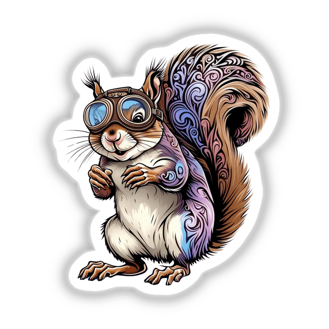 Cartoon of a whimsical squirrel with an intricate tail and vintage goggles, available as stickers or digital artwork from Decal Venue.