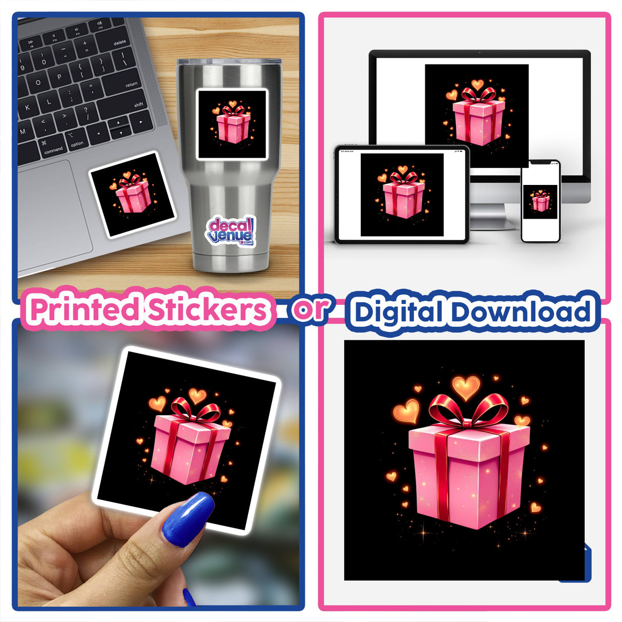 Collage featuring Pink Gift Box with Red Ribbon and Gold Hearts, highlighting its design as a sticker or digital artwork. The image includes a laptop displaying the gift box for added context.