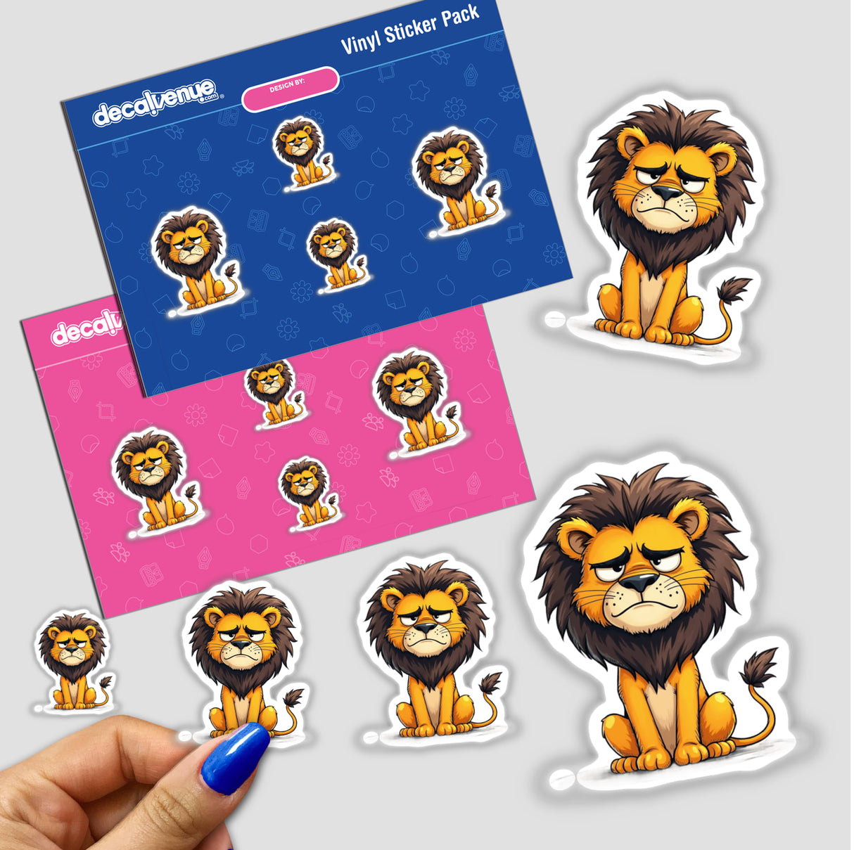 Lion with Grumpy Facial Expression sticker set featuring various cartoon lions sitting, available as stickers or digital artwork.