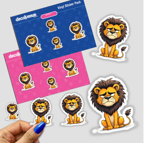 Lion with Grumpy Facial Expression sticker set featuring various cartoon lions sitting, available as stickers or digital artwork.