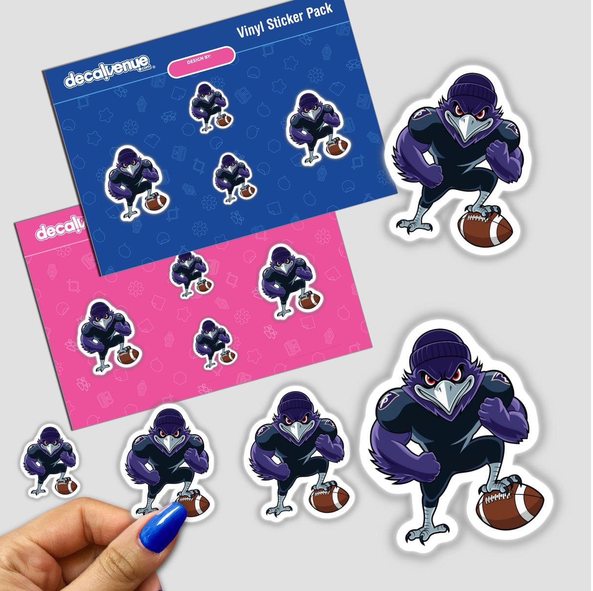 Purple Ravens Bird with Football sticker features a cartoon bird holding a football, ideal for fans. Available as stickers or digital artwork, reflecting Decal Venue's unique design style.