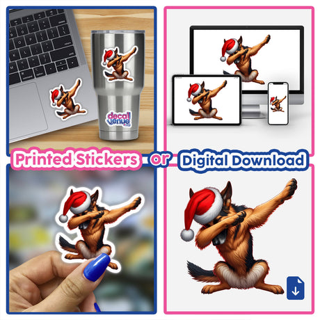 Dabbing German Shepherd in Santa Hat sticker collage, featuring fun designs on a laptop, a silver cup, and held in hand, showcasing Decal Venue's unique sticker and digital art offerings.