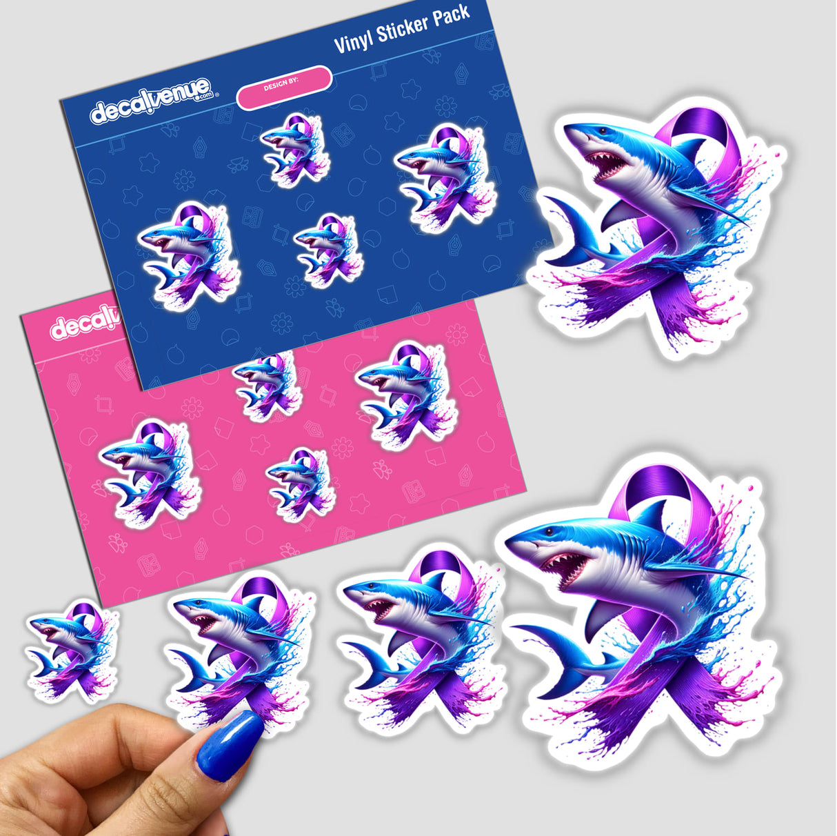 Shark Purple Ribbon sticker from Decal Venue, featuring a shark adorned with a purple ribbon, available as a vinyl sticker or digital artwork. Perfect for adding a unique graphic touch.