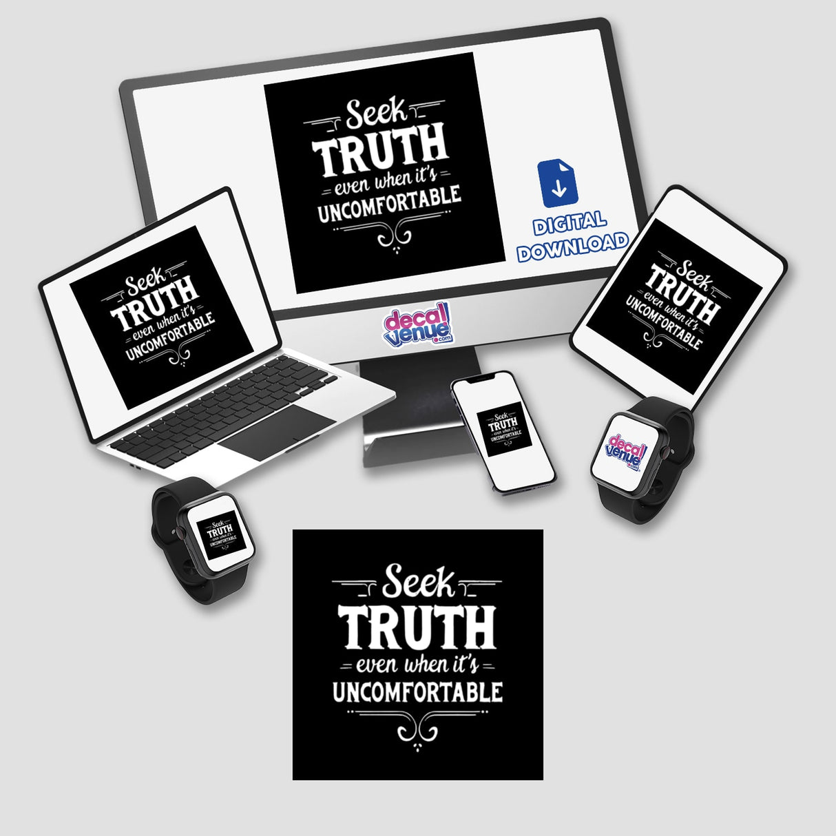 Quote about Truth Typography Sticker & Inspirational Clipart featuring a computer monitor, laptop, phone, tablet, and smartwatch. Available as stickers or digital artwork with commercial rights.