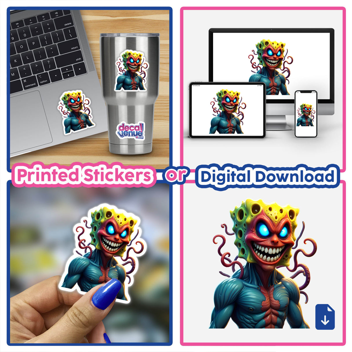 Alien Mutant Superhero Villain collage featuring large-mouthed cartoon characters, ideal as stickers or digital artwork. Includes close-ups of character details, suitable for laptops.