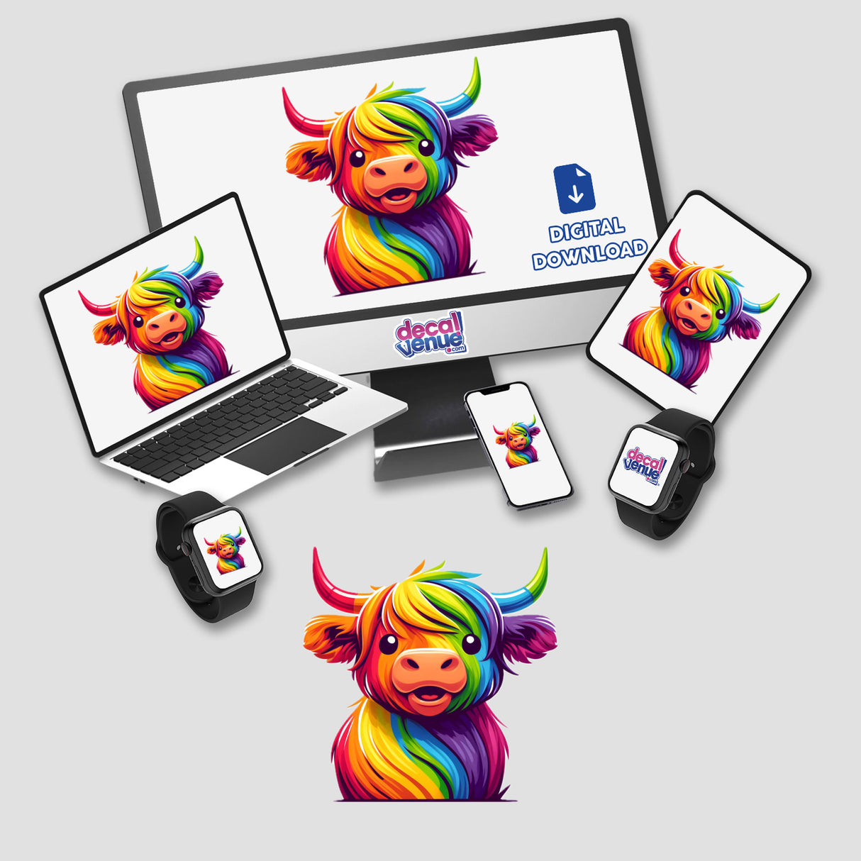 Highland Cow Rainbow Pride Background Removed