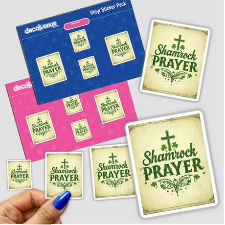 Shamrock Prayer St. Patrick’s Day Sticker or Clipart featuring handwritten text on paper, highlighting unique design elements, available as stickers or digital artwork with commercial rights.