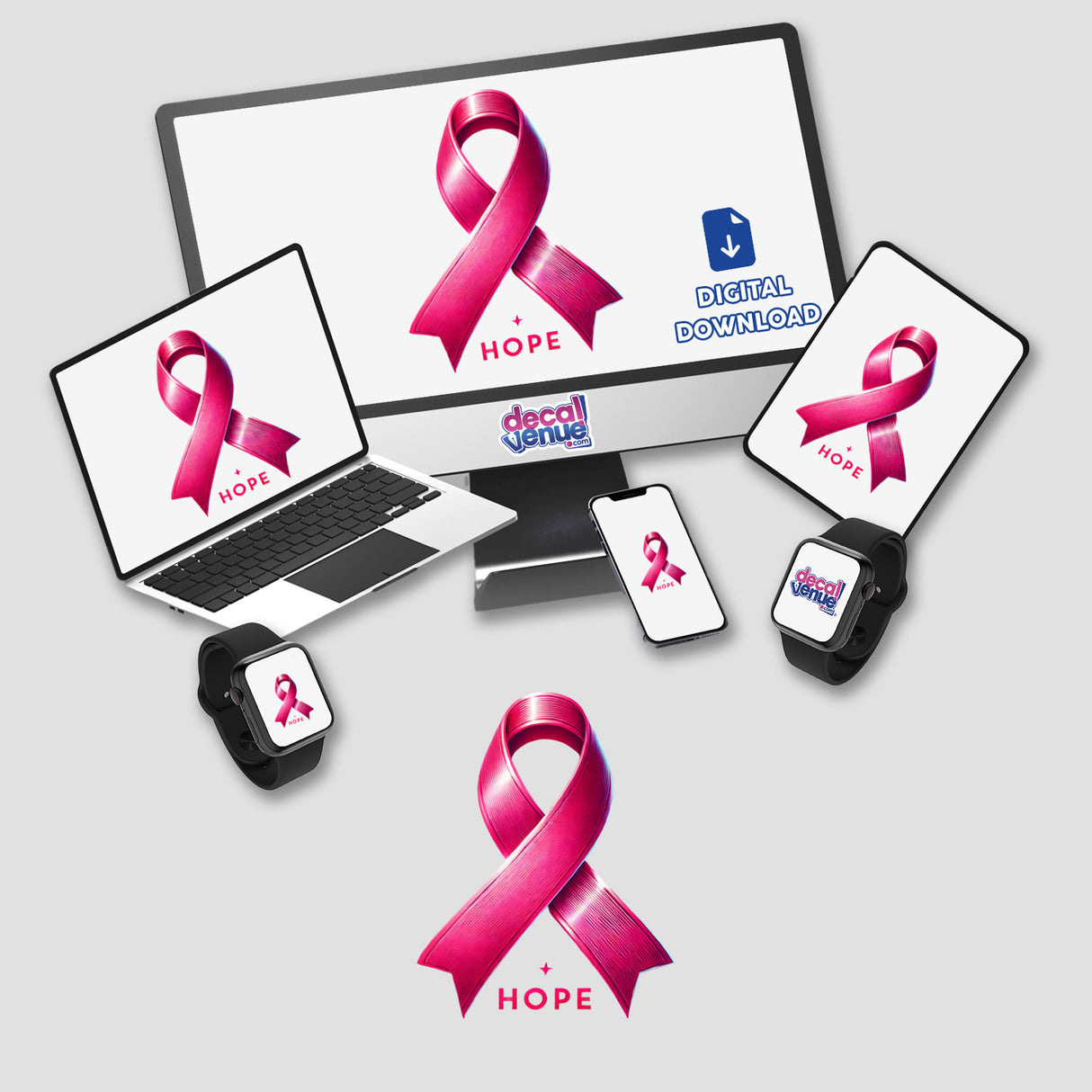 Hope Pink Ribbon Breast Cancer Awareness: A laptop, tablet, smartphone, and smartwatch display a pink ribbon on their screens. Available as stickers or digital artwork from Decal Venue.